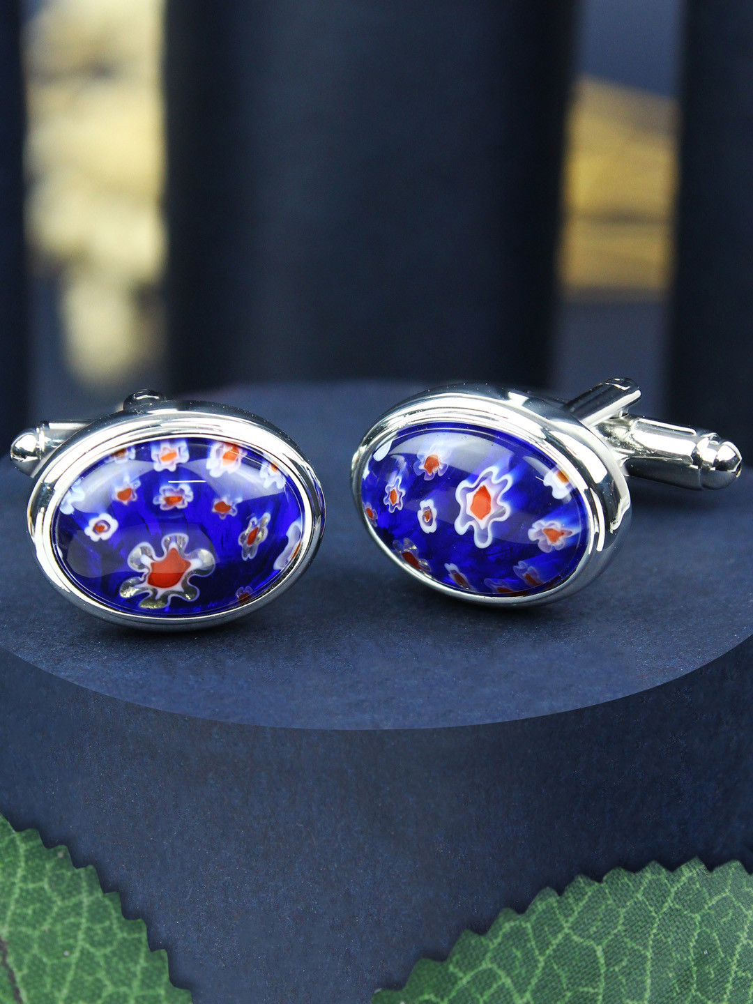 PELUCHE Men Blue Silver Plated Floral Printed Oval Cufflinks