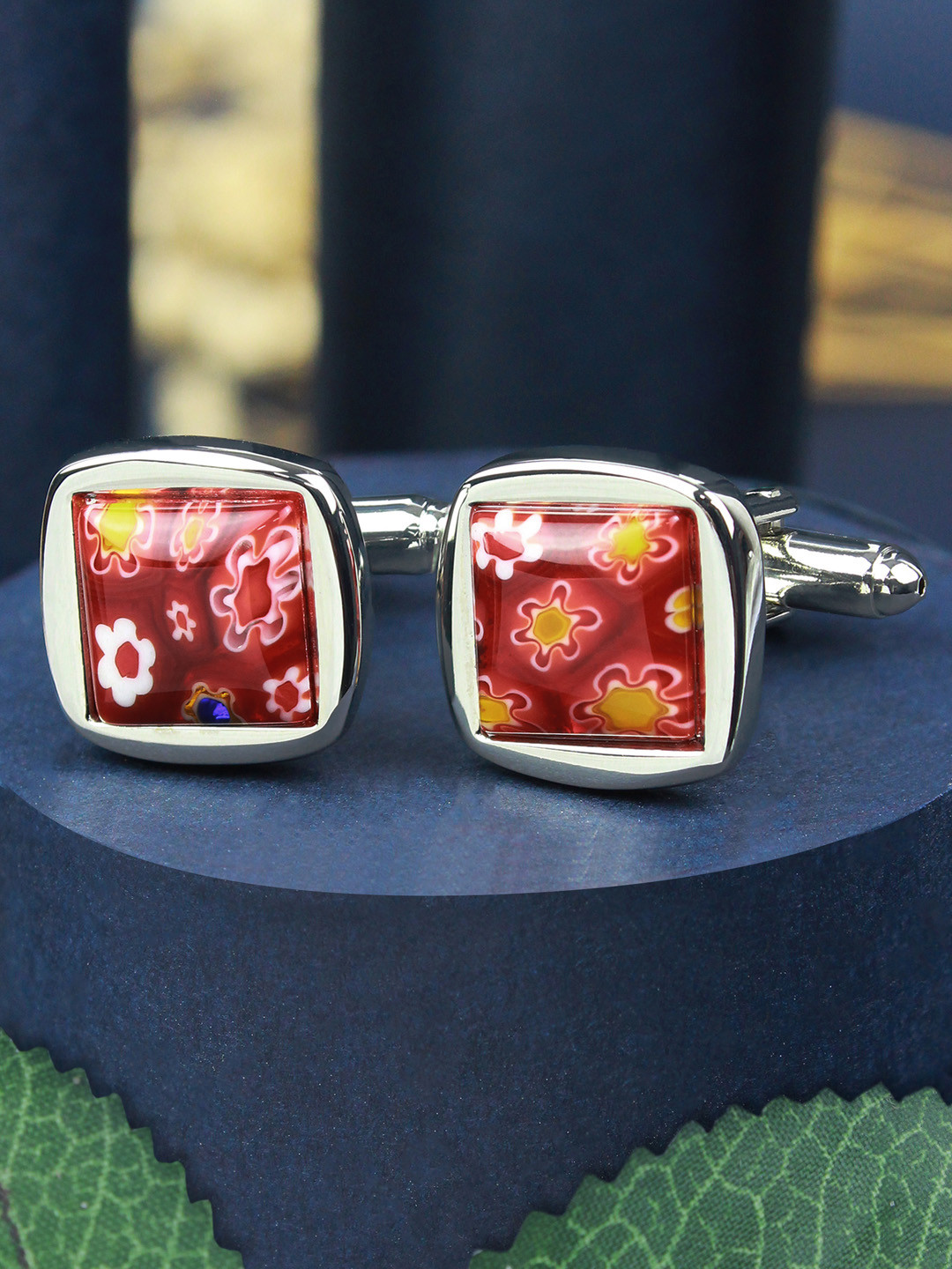 PELUCHE Orange & Silver-Toned Floral Patterned Square Cufflink