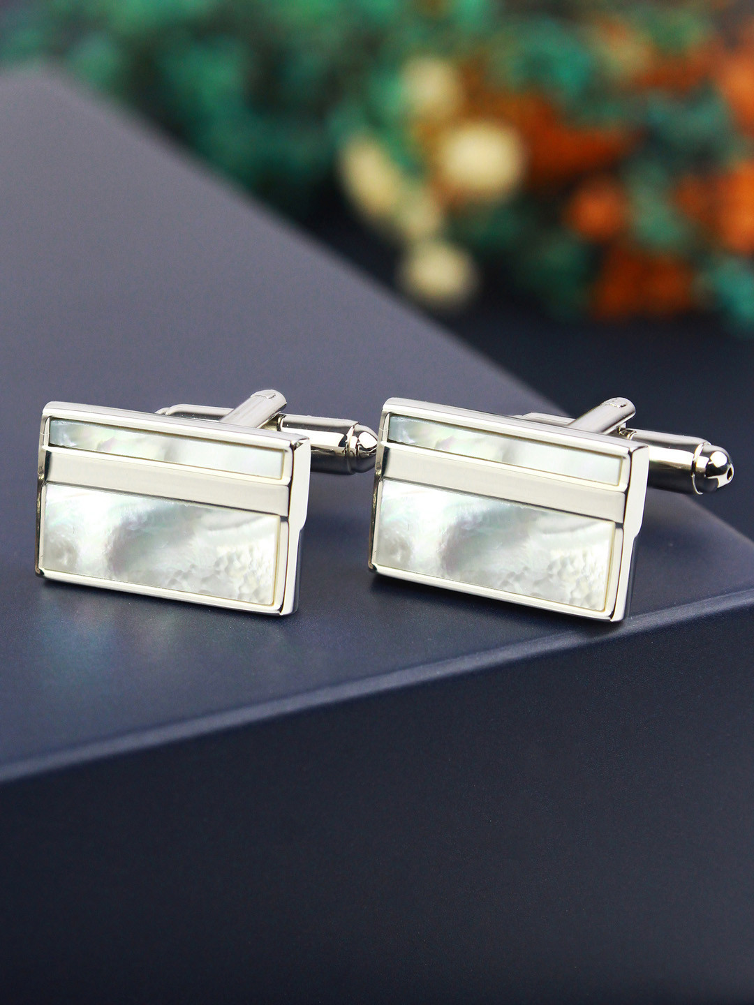 PPELUCHE Men Silver Mother of Pearl Stone Cufflinks