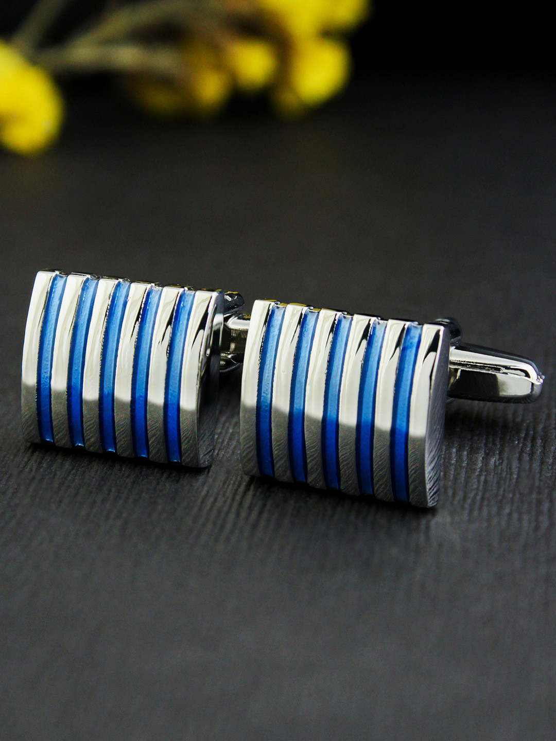 PELUCHE Unisex Blue & Silver-Plated Enamel Striped Square Cufflinks