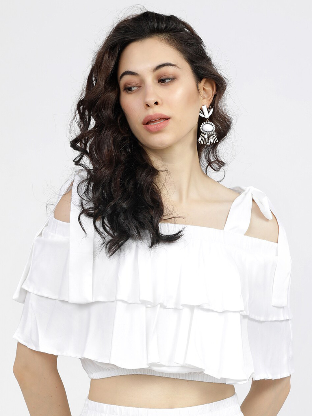 Tokyo Talkies White Ruffles Bardot Crop Top