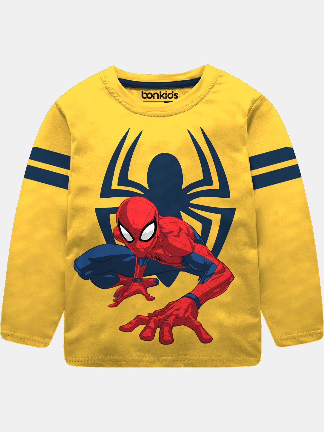 BONKIDS Boys Mustard Yellow  Navy Blue Spiderman Printed Slim Fit Pure Cotton T-shirt
