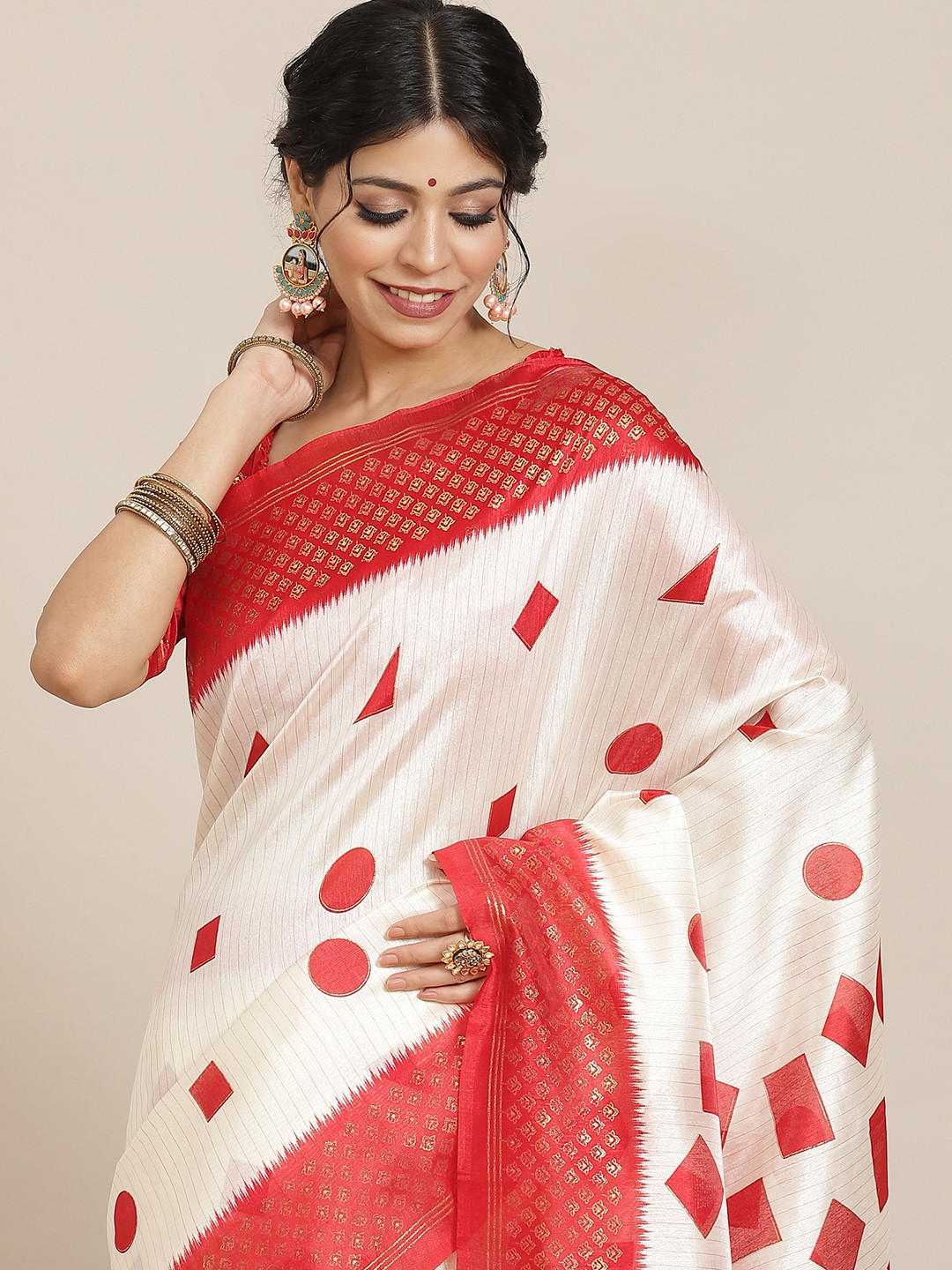 Saree mall Off White & Red Silk Blend Sarees