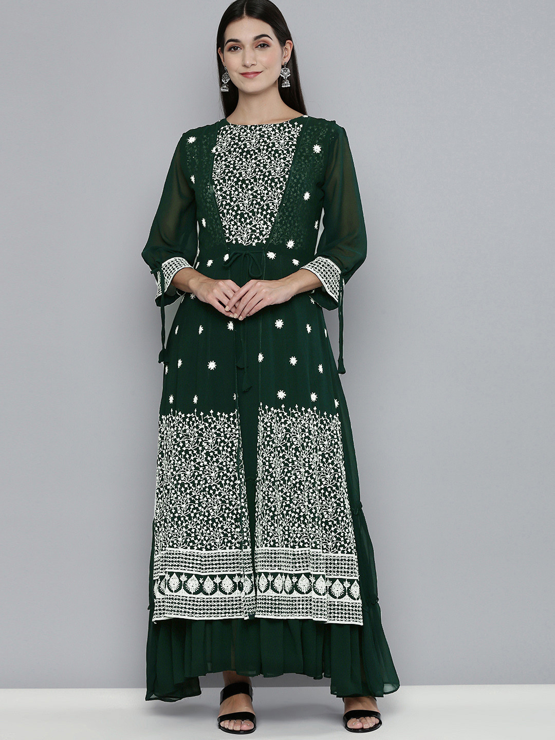 Kvsfab Women Green & White Georgette Kurta