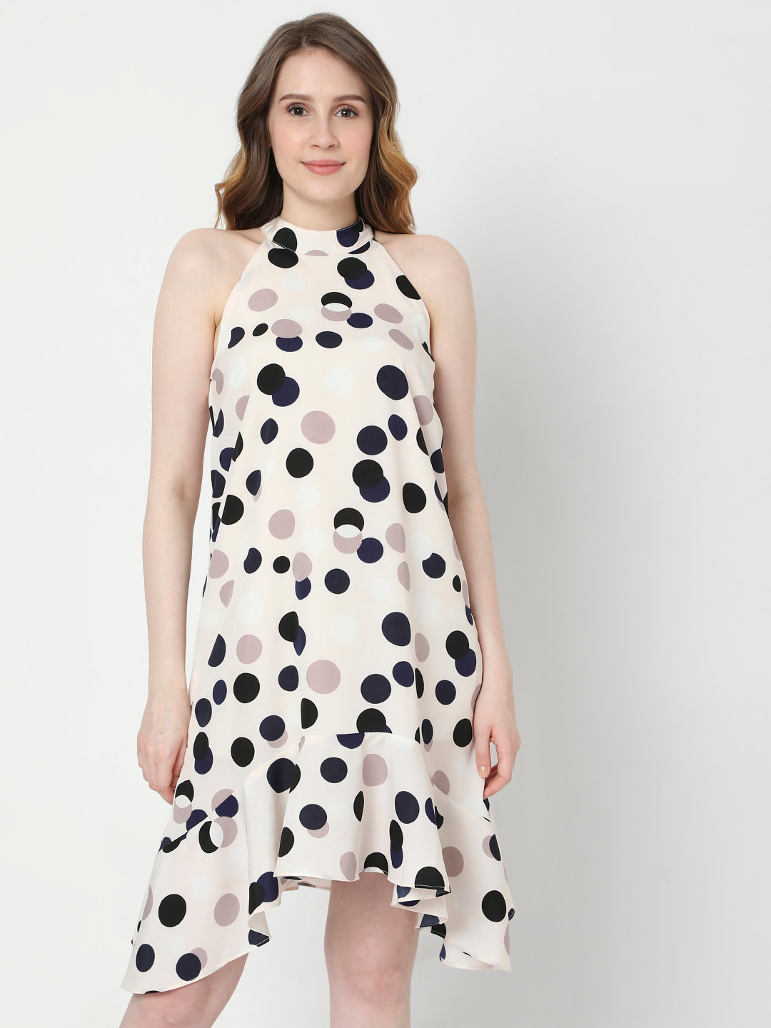 Vero Moda Peach-Coloured & Black Polka Dot Asymmetric Flounce A-Line Dress