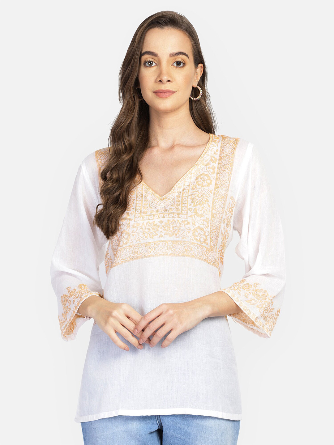 Aditi Wasan White & Orange Embroidered Tunic