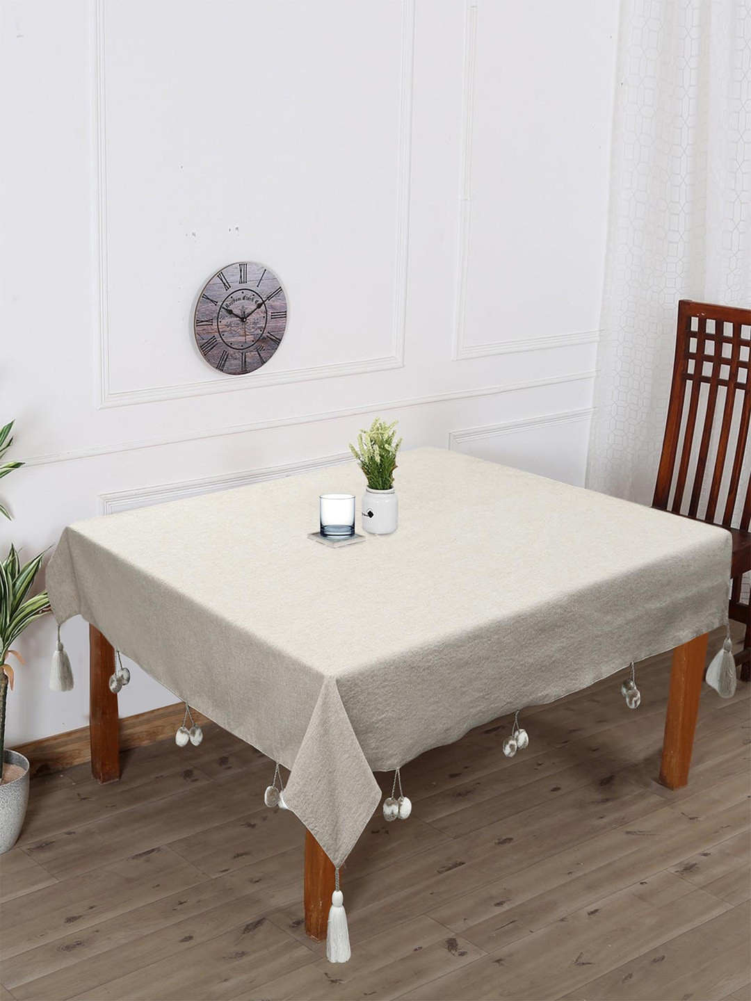 Mezposh Cream-Coloured Solid Cotton Chambray 4-Seater Table Cover