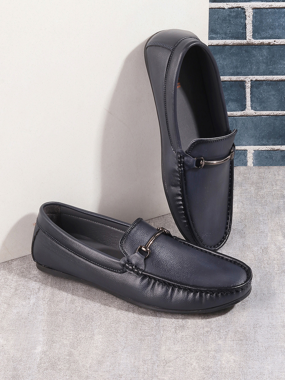 Mochi Men Navy Blue Leather Horsebit Loafers