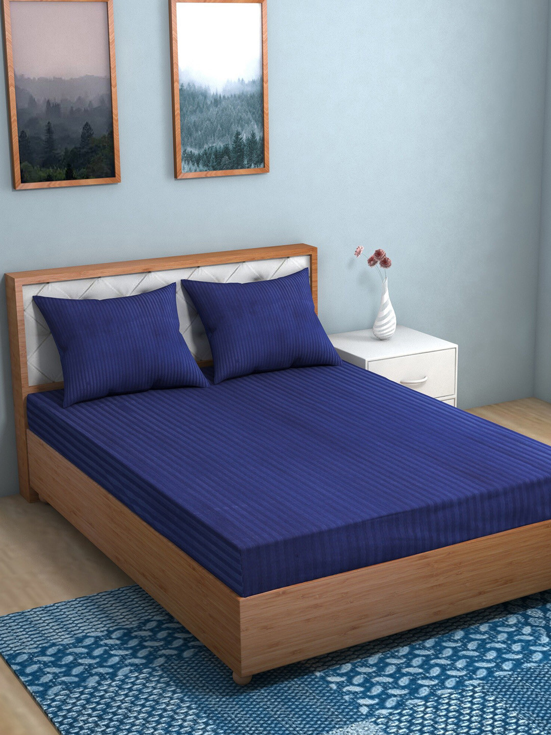 Niamh by Tag 7 Navy Blue Striped Cotton 144 TC King Bedsheet with 2 Pillow Covers-87 x 59 inches