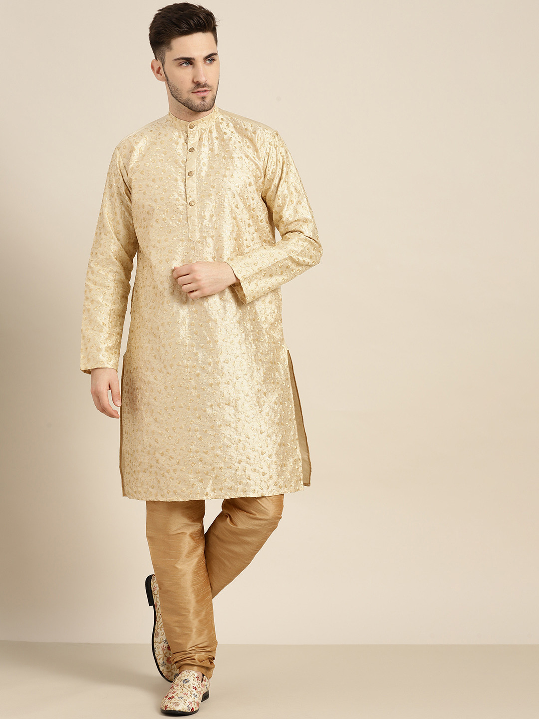SOJANYA Men Gold-Toned Embroidered Regular Sequinned Kurta with Churidar