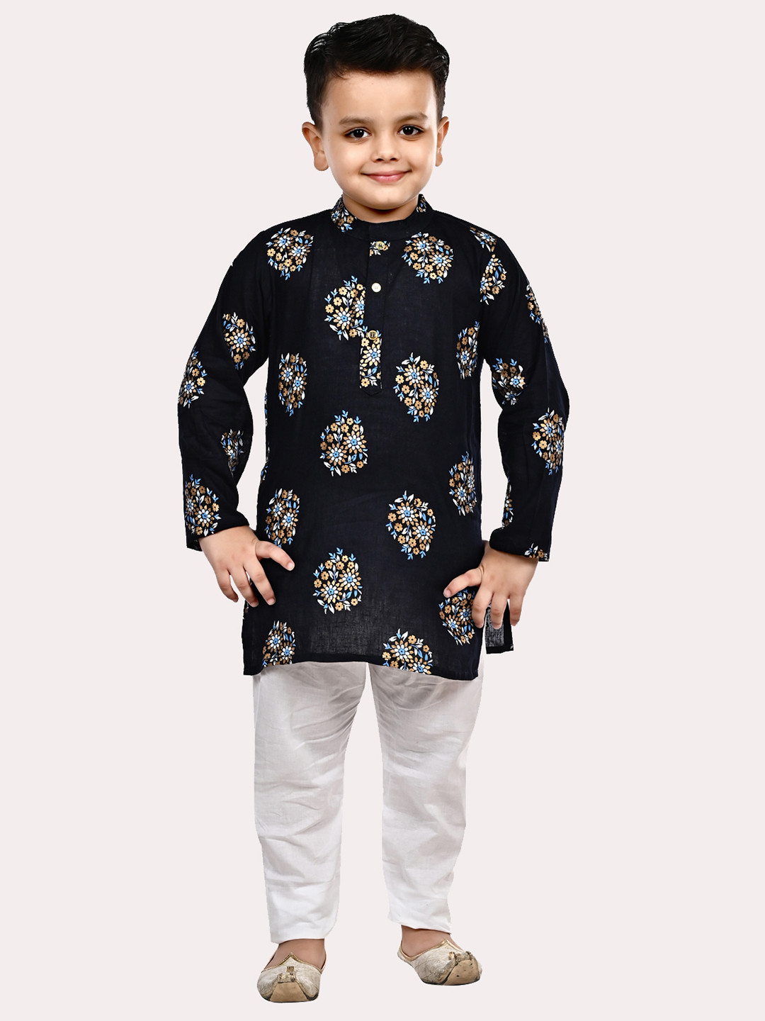 Superminis Boys Pure Cotton Gold Foil Printed Black & White Kurta Pyjama Set