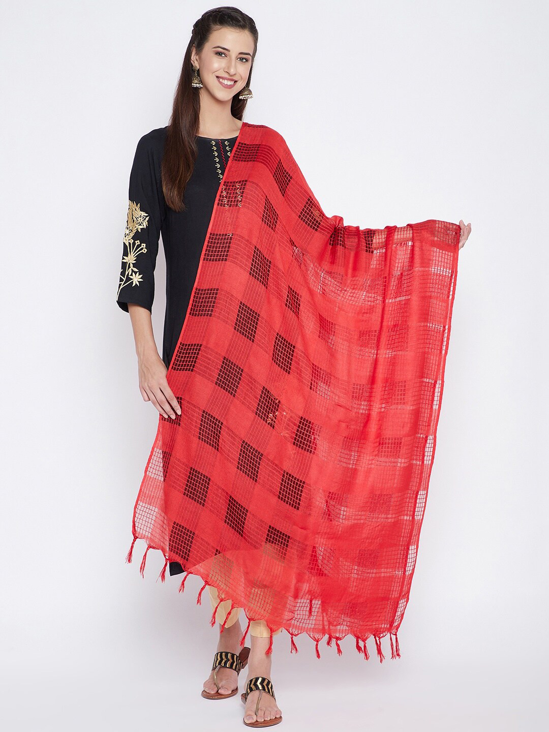 Clora Creation Red Checked Pure Cotton Dupatta
