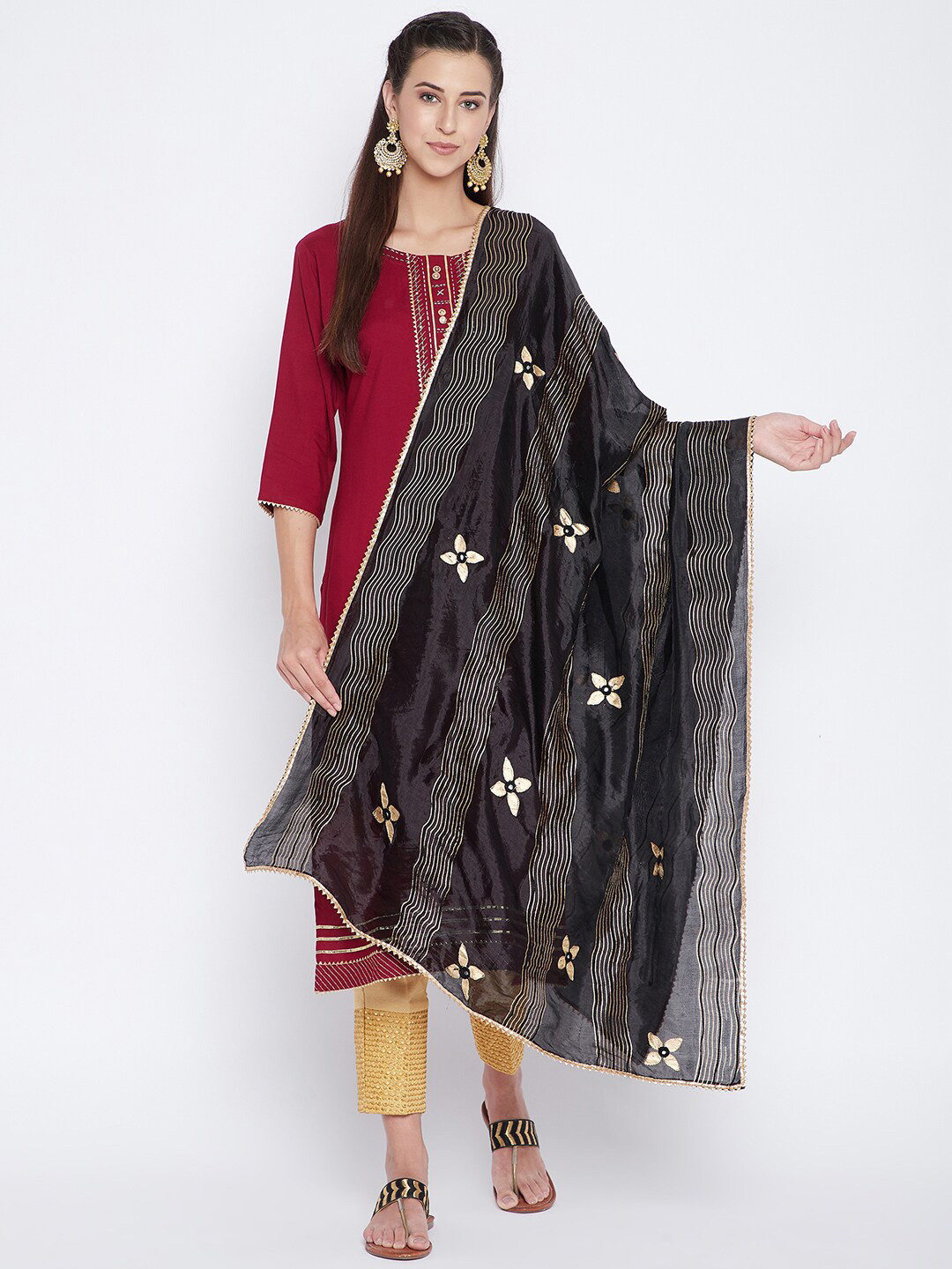 Clora Creation Black & Gold-Toned Printed Dupatta with Mirror Work