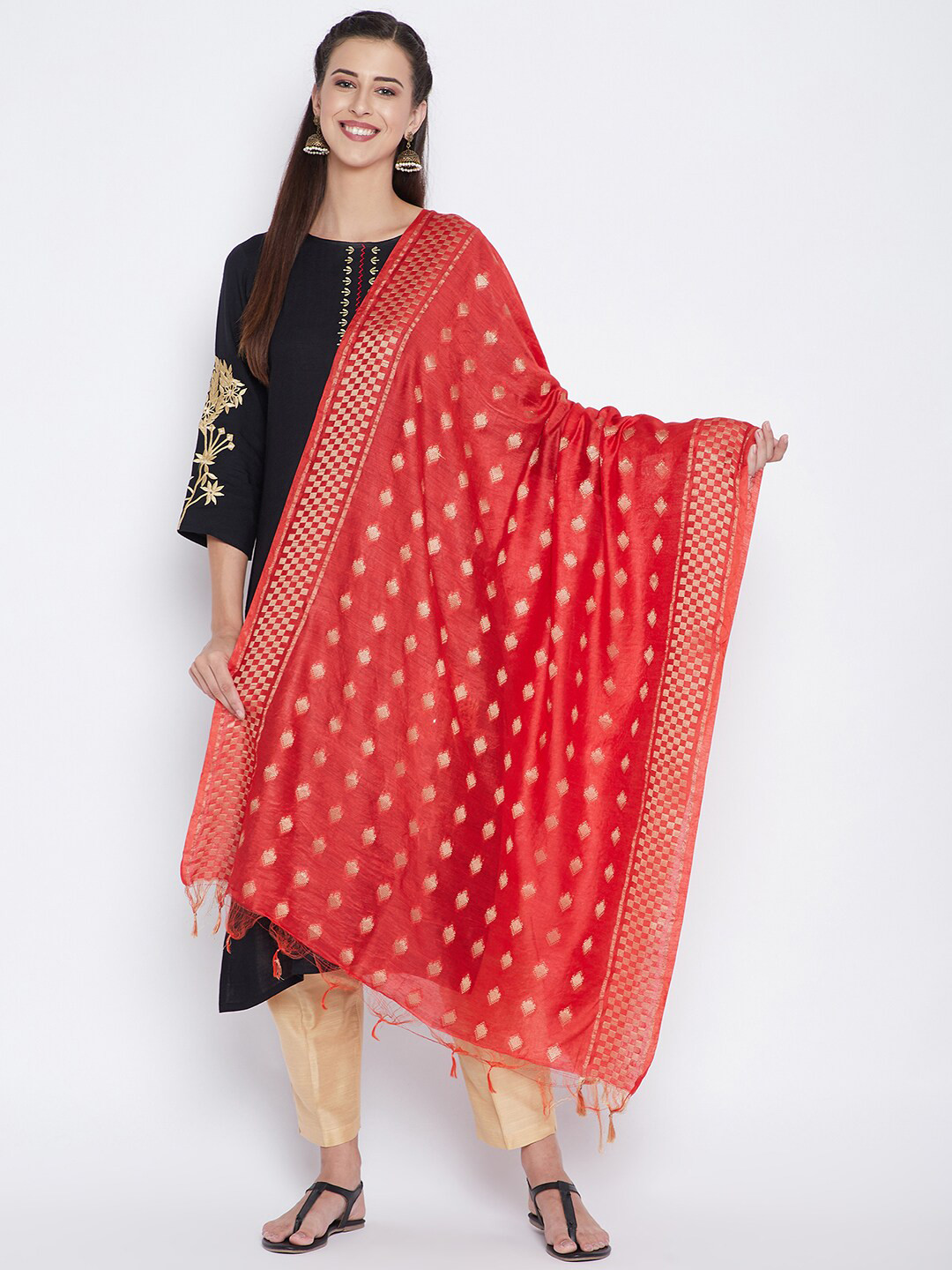 Clora Creation Red & Gold-Toned Woven Design Pure Cotton Dupatta
