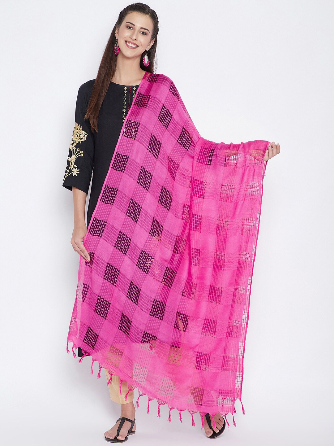 Clora Creation Magenta Checked Pure Cotton Dupatta