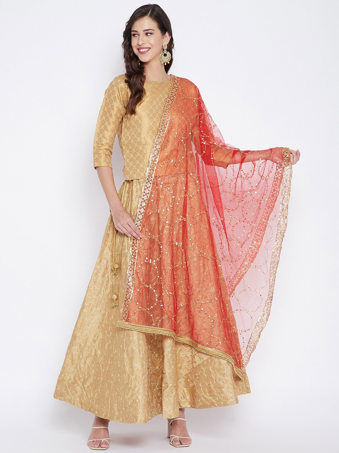 Clora Creation Red & Gold-Coloured Embroidered Dupatta with Sequinned