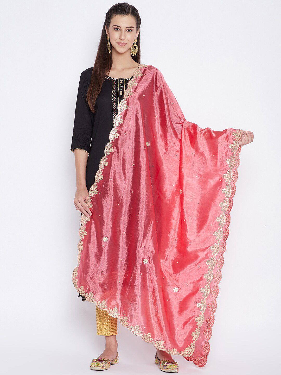 Clora Creation Peach-Coloured & Gold-Coloured Embroidered Dupatta with Gotta Patti