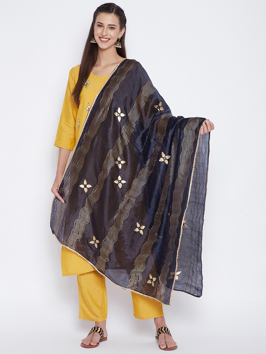 Clora Creation Navy Blue & Gold-Toned Printed Dupatta with Mirror Work