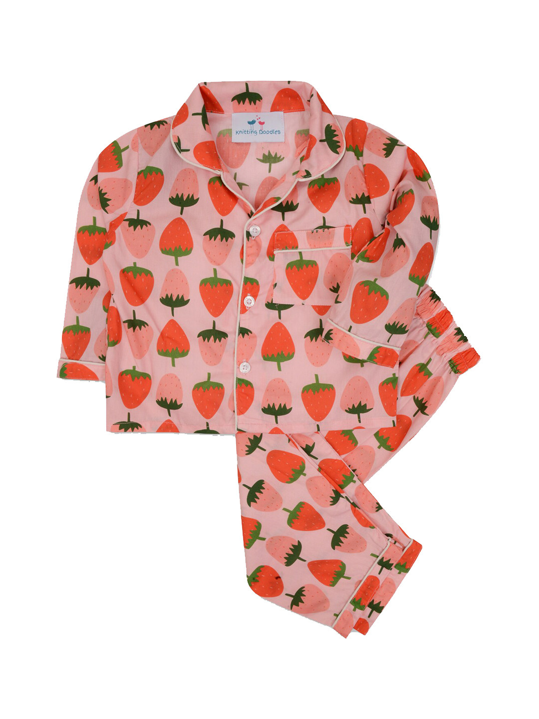 Knitting Doodles Unisex Kids Pink Strawberry Printed Night suit