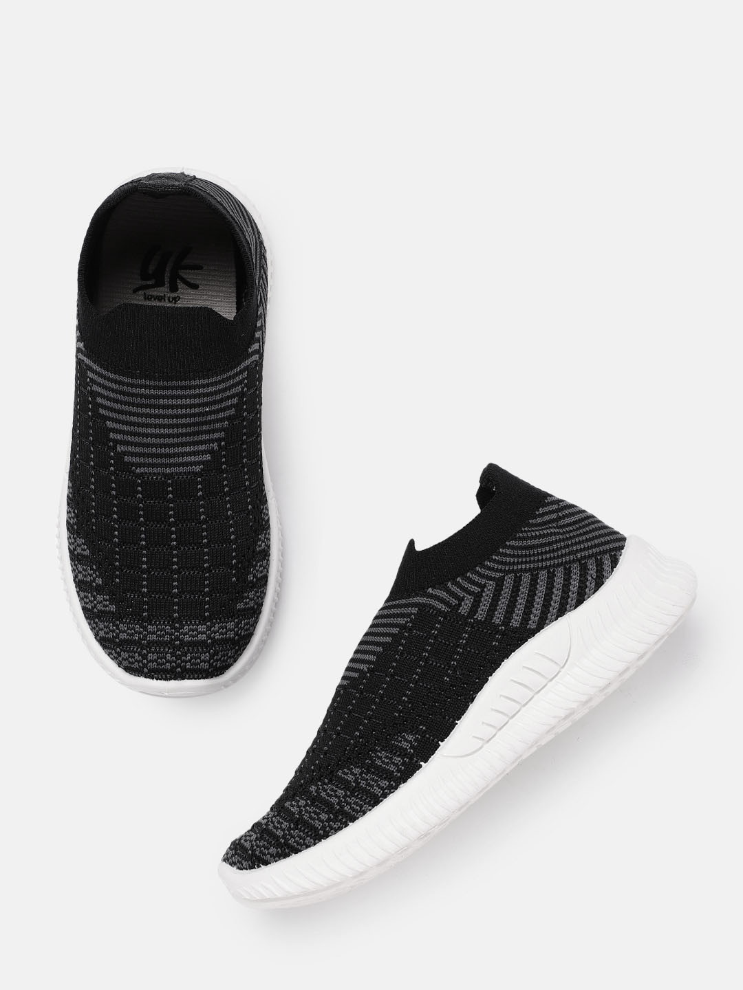 YK Girls Black & Grey Self-Checked Slip-On Sneakers
