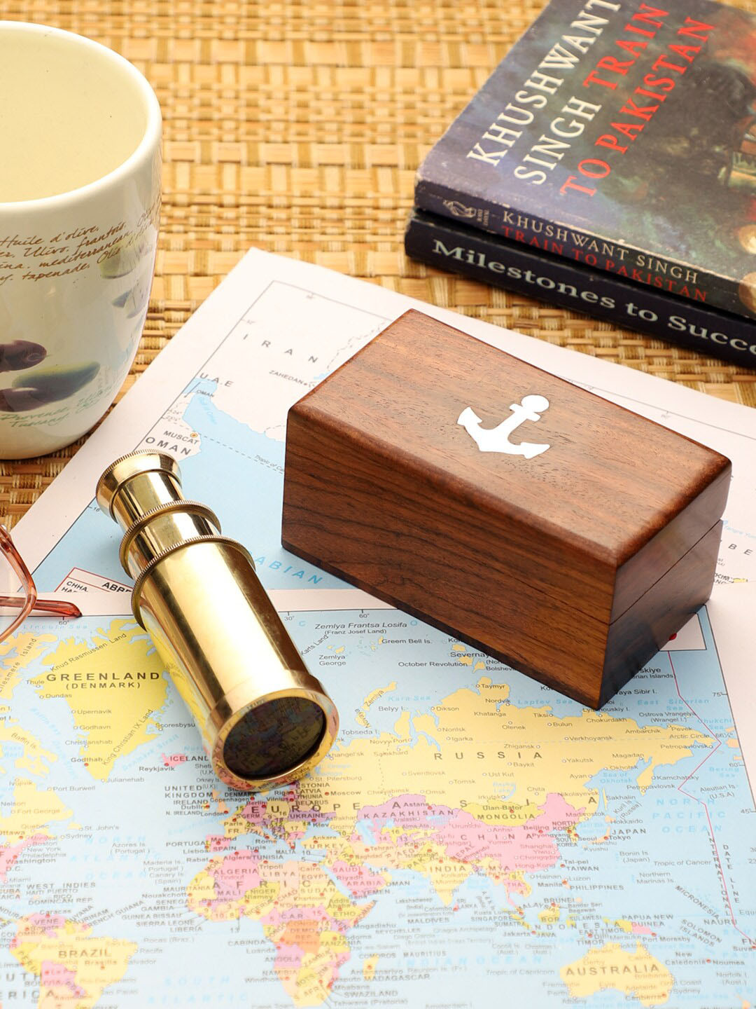 EXIM DECOR Telescope Gold Brass Metallic Living Room Set of 2 Medium Showpieces - 1.3 Inches