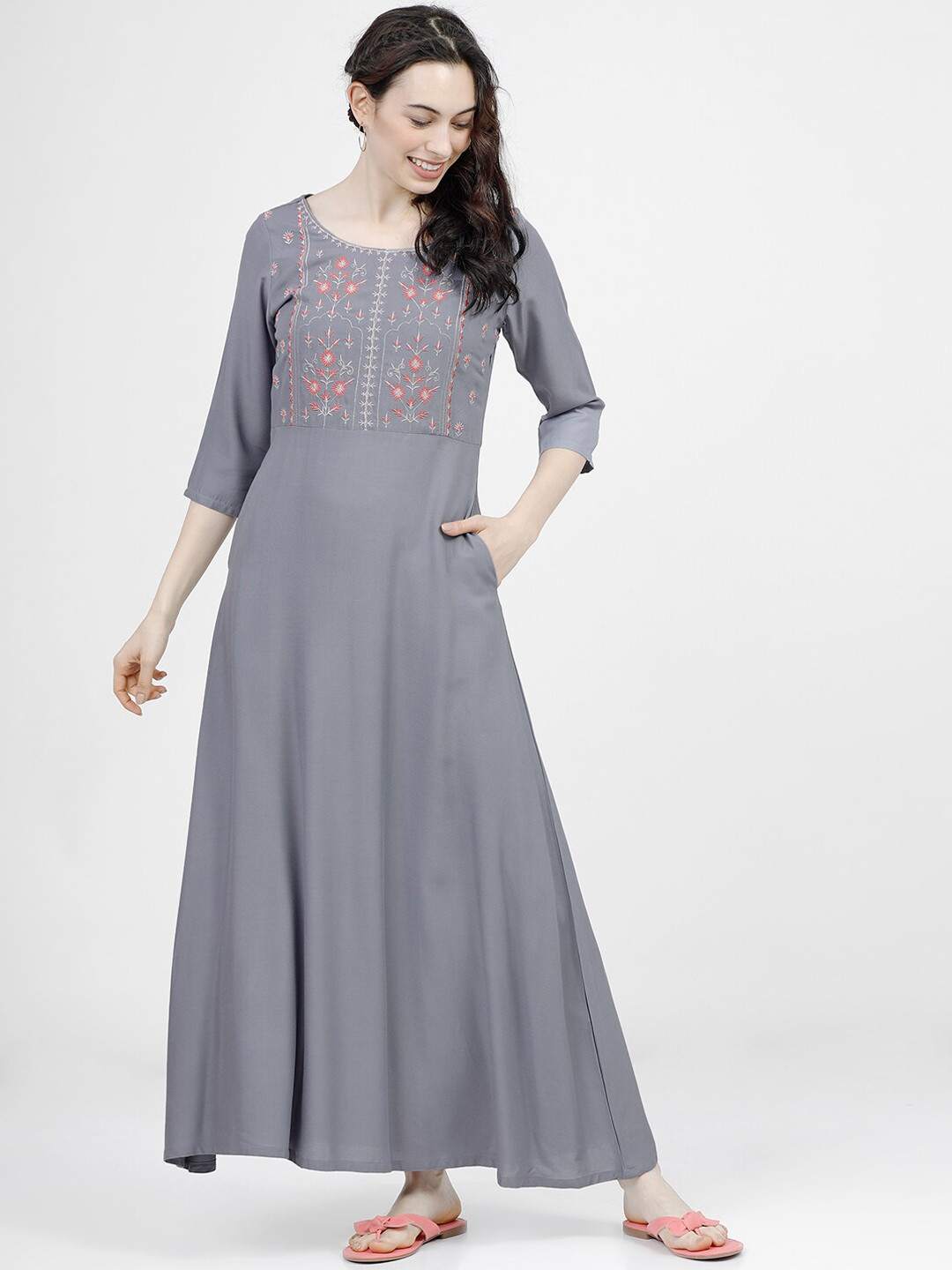 Vishudh Grey Floral Embroidered A-Line Maxi Dress
