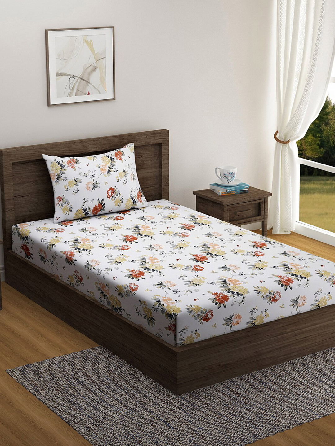 SWAYAM Ananda White Floral Pure Cotton 200 TC Single Fine Bedsheet with a Pillow Cover-89 x 59 inches