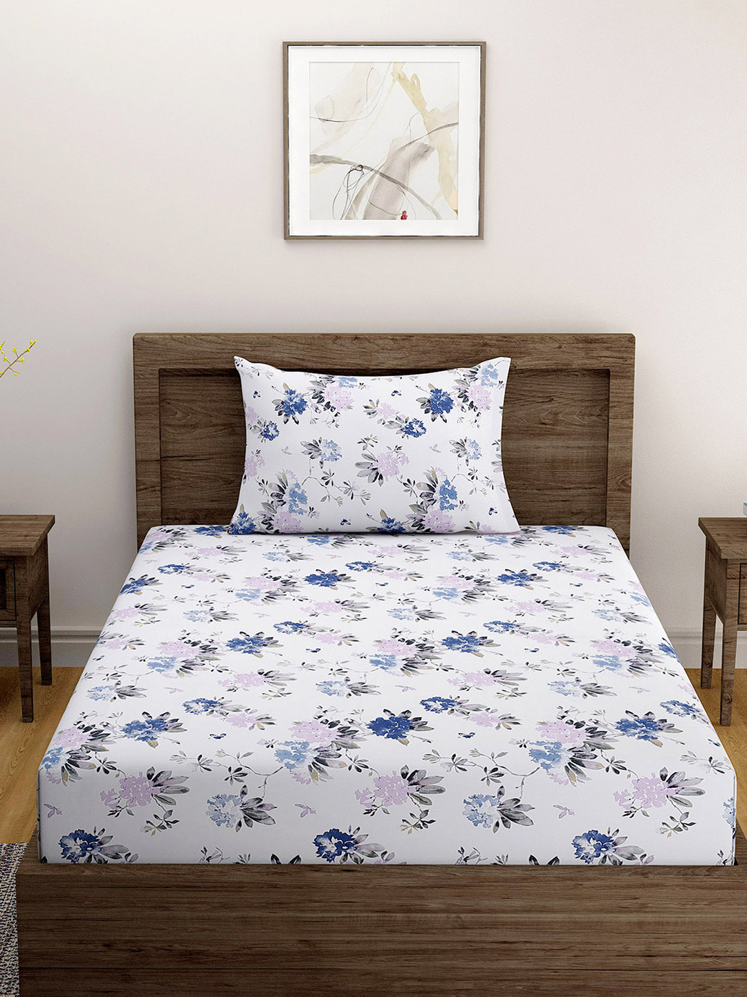SWAYAM Rangana Rotary White Floral Cotton 200 TC Single Fine Bedsheet with a Pillow Cover-89 x 60 inches