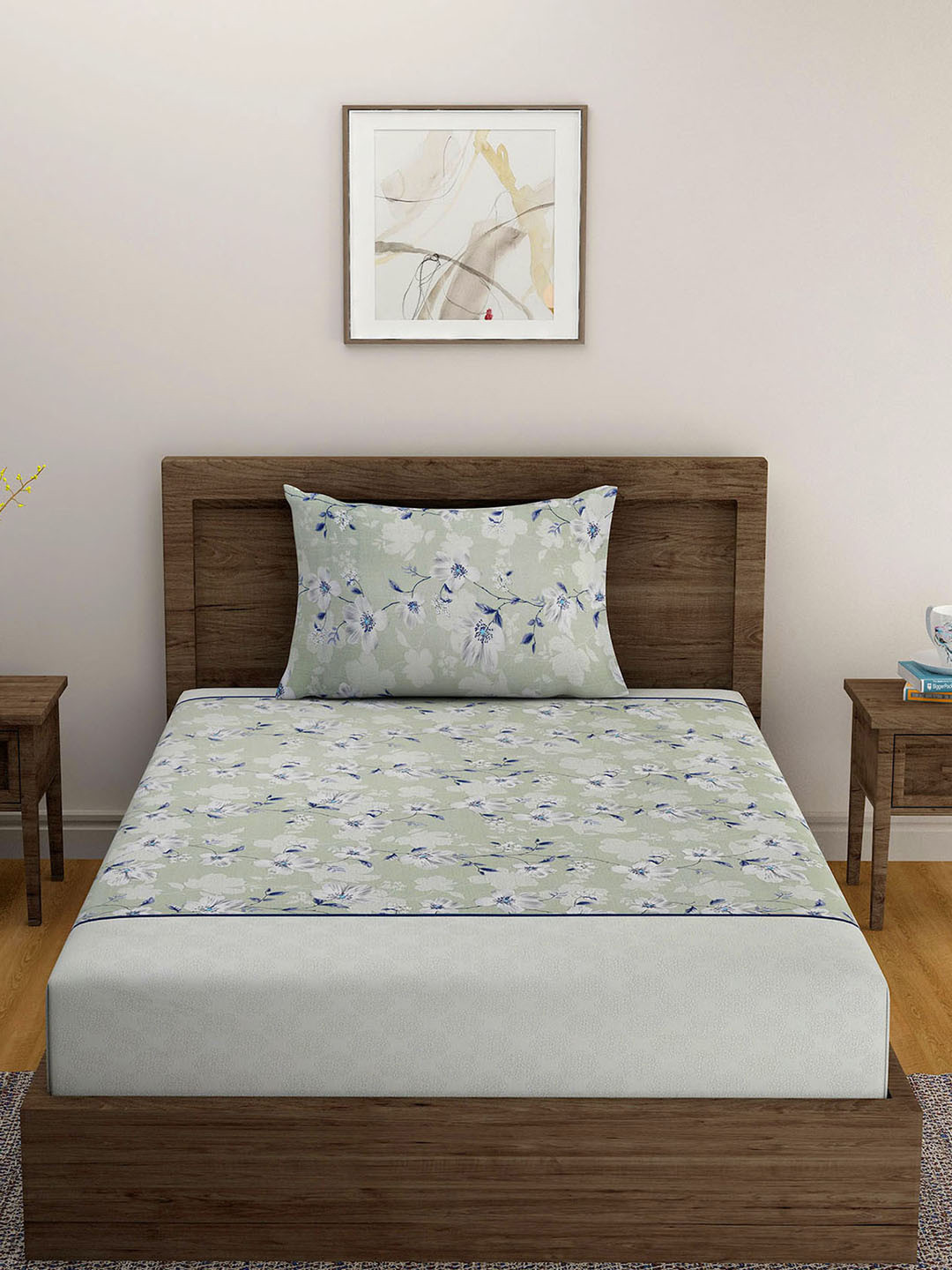 SWAYAM Sparkle Green Floral Cotton 144 TC Single Bedsheet with a Pillow Cover-59 x 87 inches
