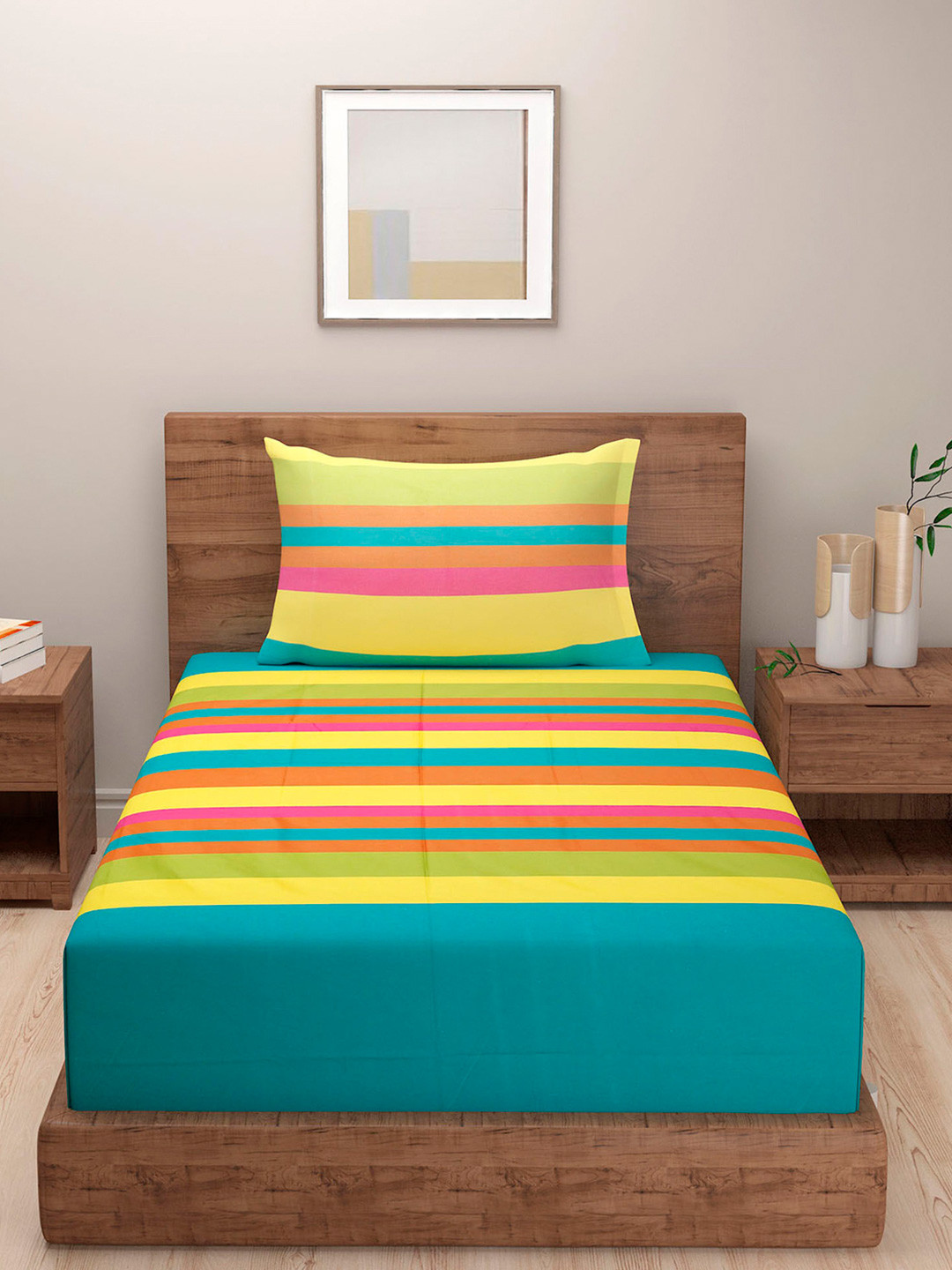 SWAYAM Magical Linea Green Striped Pure Cotton 240 TC Single Fine Bedsheet with a Pillow Cover-87 x 93 inches