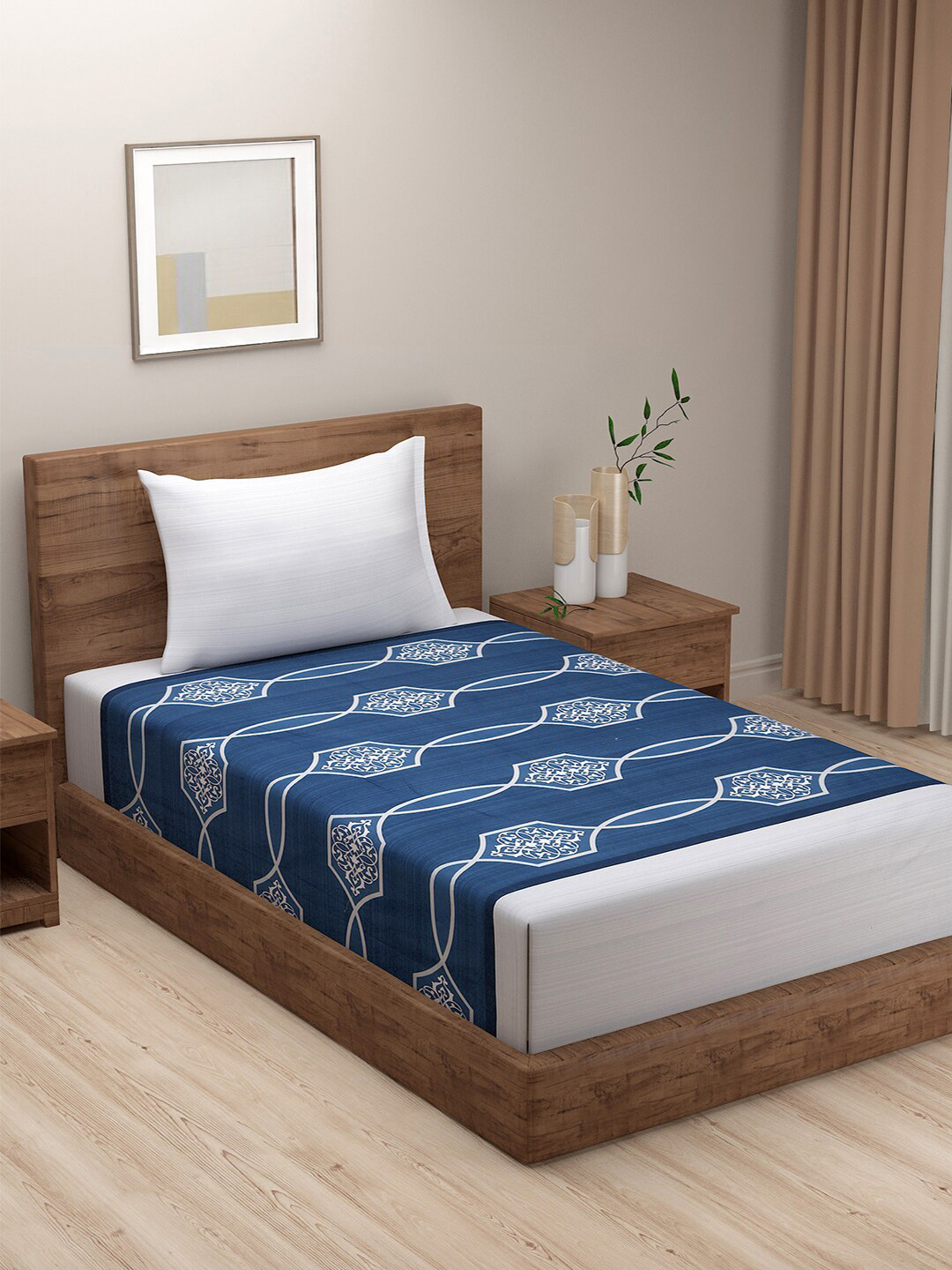 SWAYAM Zinnia Blue Ethnic Motifs Cotton 240 TC Single Fine Bedsheet with a Pillow Cover-89 x 60 inches