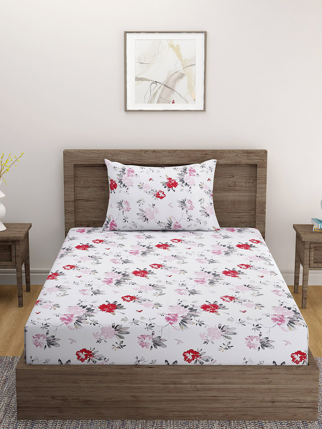 SWAYAM Ananda White Floral Cotton 200 TC Single Fine Bedsheet with a Pillow Cover-89 x 60 inches