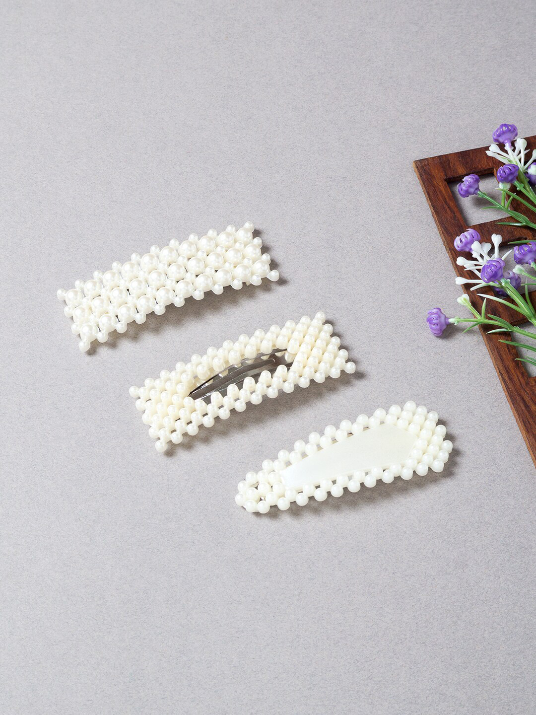 Golden Peacock Women White Set of 3 Embellished Tic Tac Hair Clip