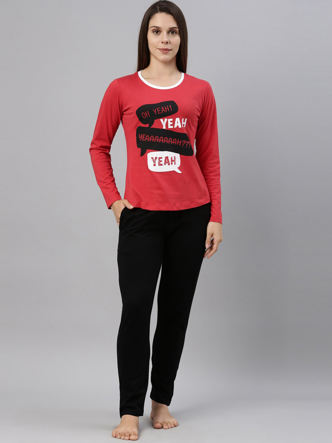 Curare Women Red & Black Graphic Print Night Suit