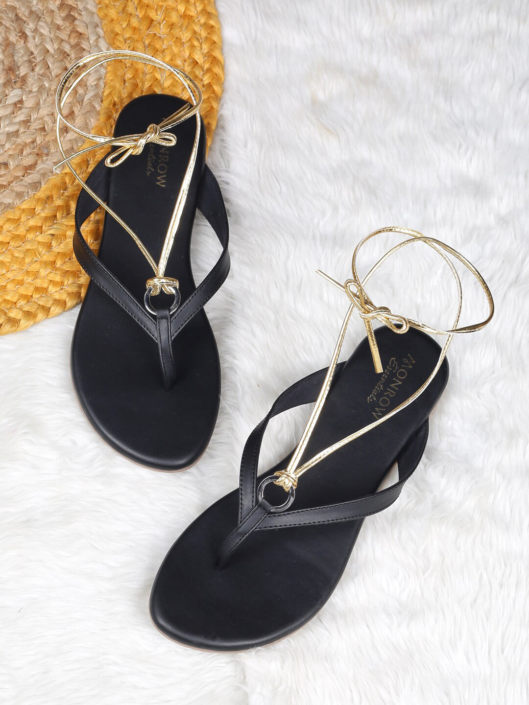 Monrow Women Black & Gold-Toned Monrow Bernice T-Strap Flats with Interchangeable Straps