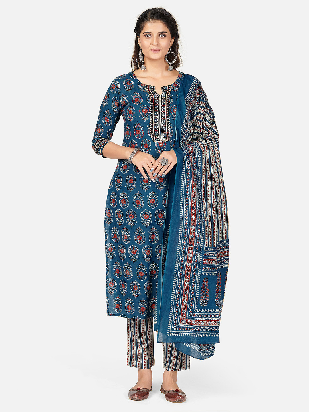 Vbuyz Women Blue & Red Ethnic Motifs Printed Regular Pure Cotton Kurta Set & Dupatta