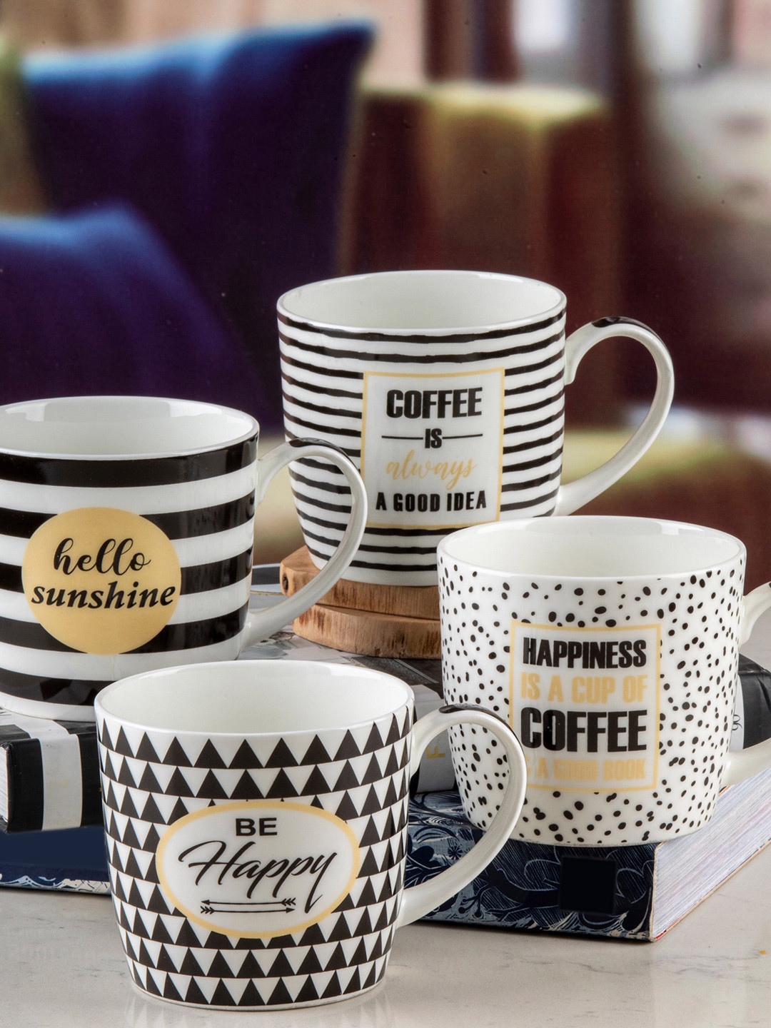 Roxx Set of 4 Text or Slogans Printed Bone China Glossy Mugs