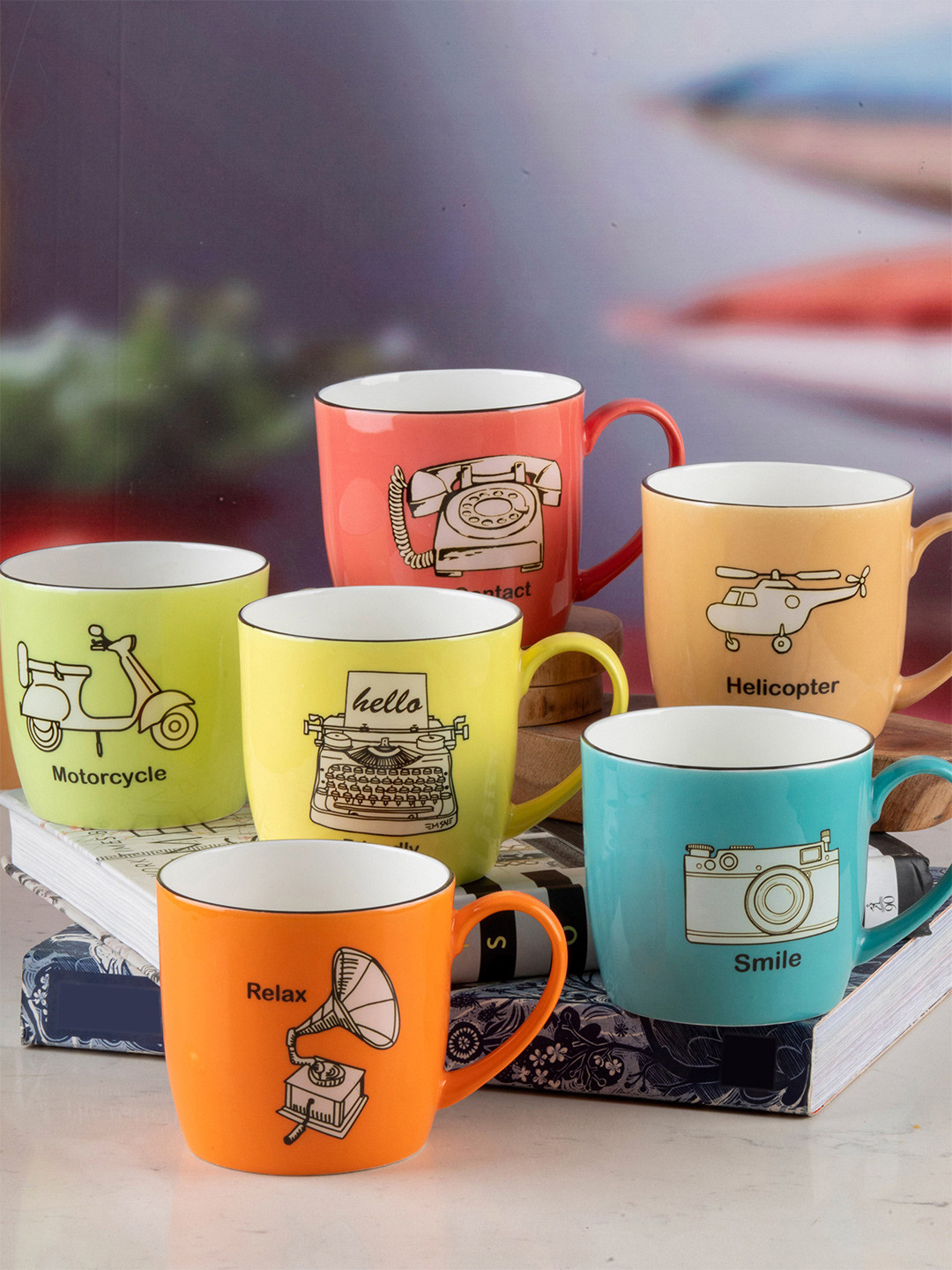 Roxx Set Of 6 Multicoloured Printed Bone China Glossy Mugs