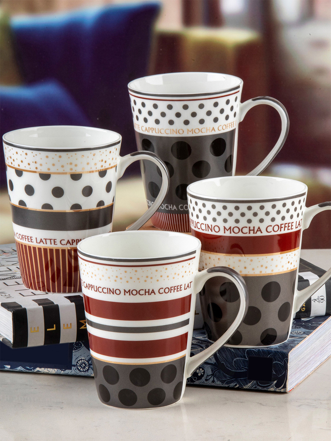 Roxx Polar Bear White Polka Dots Bone China Microwave Safe 4 Piece Mugs-300ml