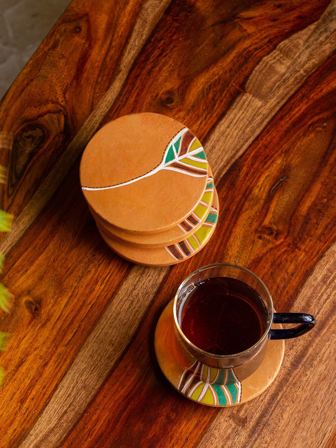 ExclusiveLane Set Of 4 Brown & Green Hand-Painted Coasters