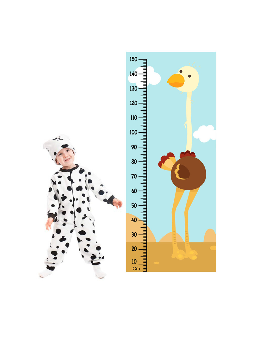 WENS Blue & Brown Ostrich Cartoon Height Measurement Removable Wall Sticker