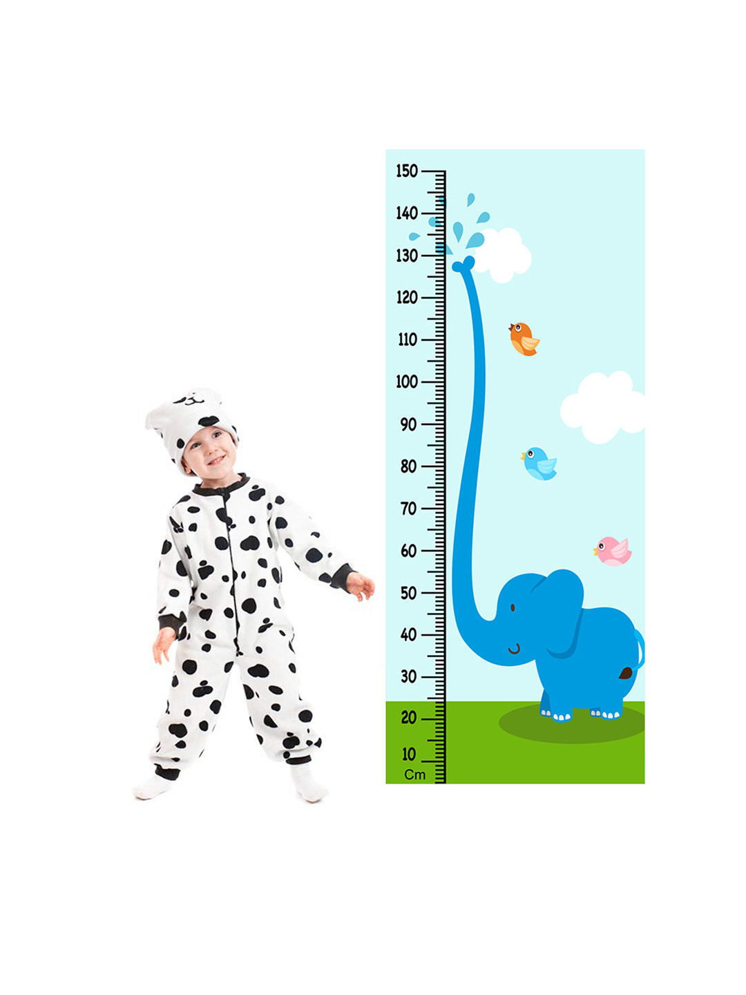 WENS Blue & Green Cute Elephant Height Measurement Removable Wall Sticker
