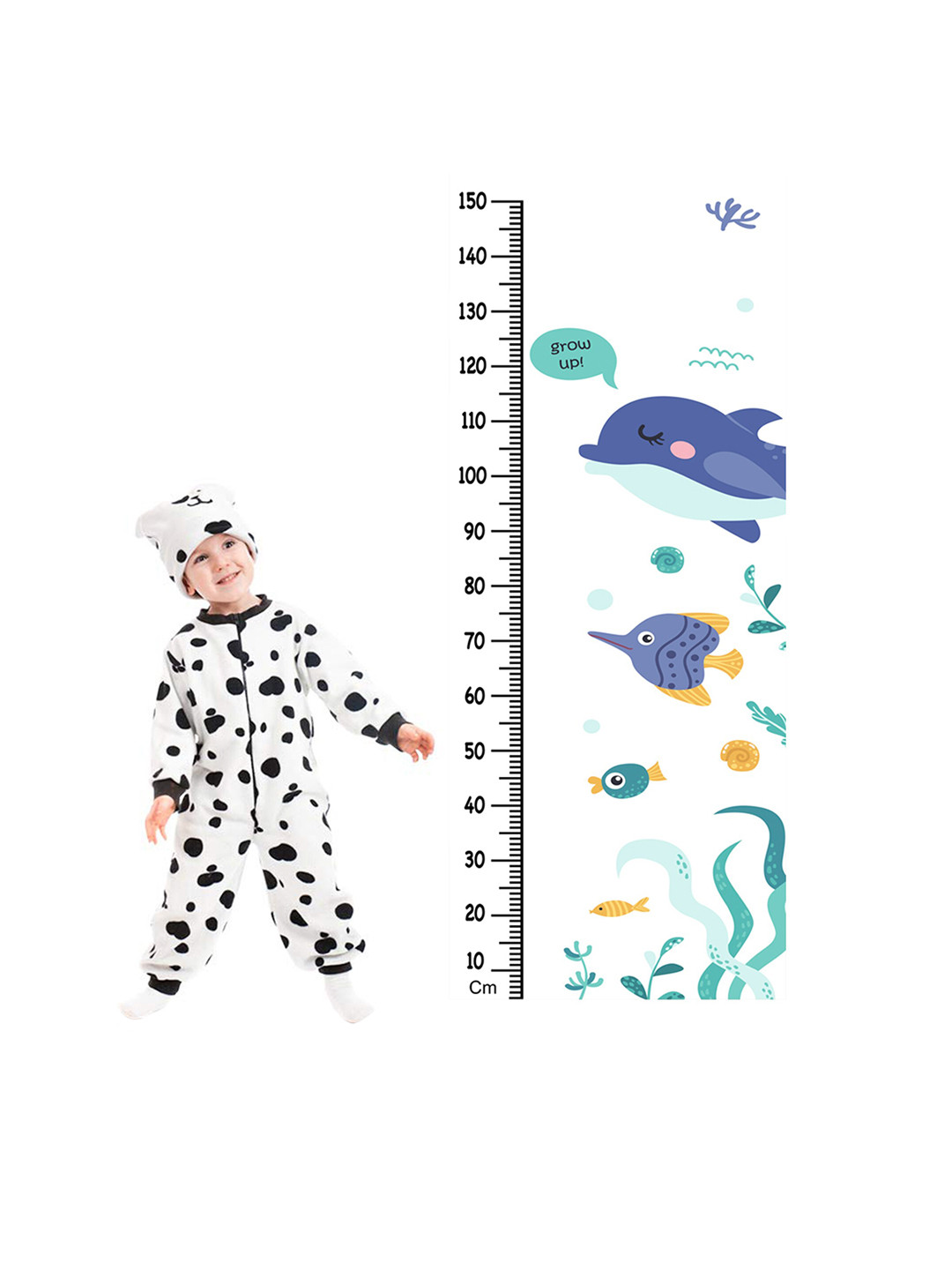 WENS White & Blue Cute Dolphin Height Measurement Removable Wall Sticker