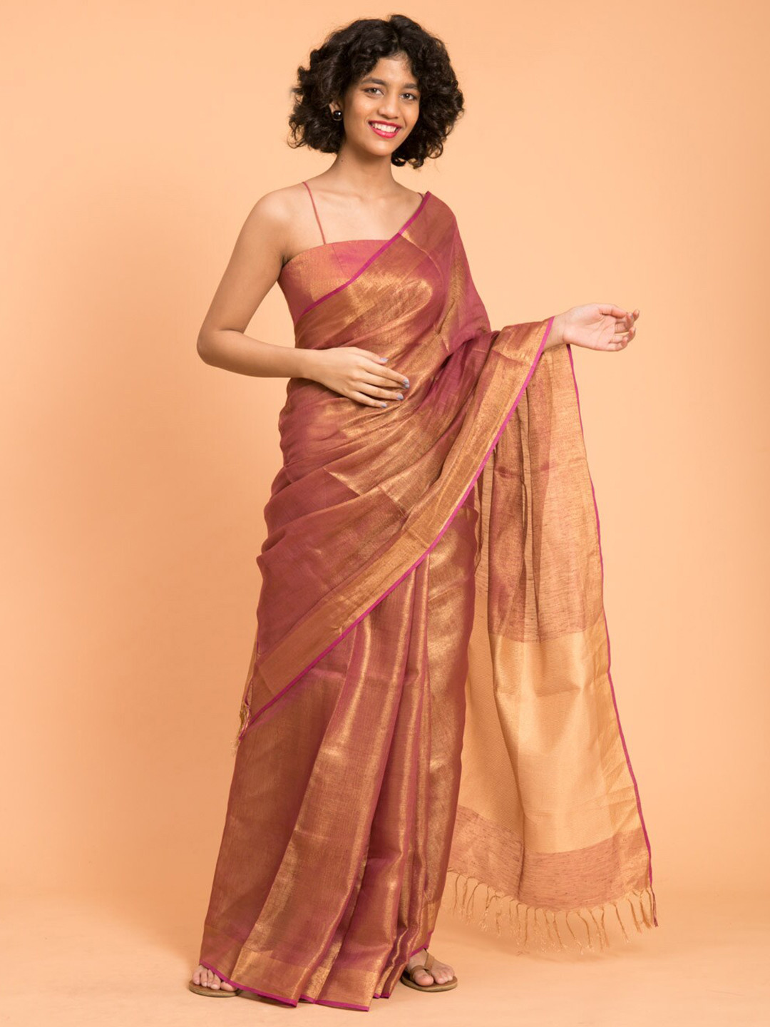 Suta Pink & Gold-Toned Solid Zari Pure Linen Saree