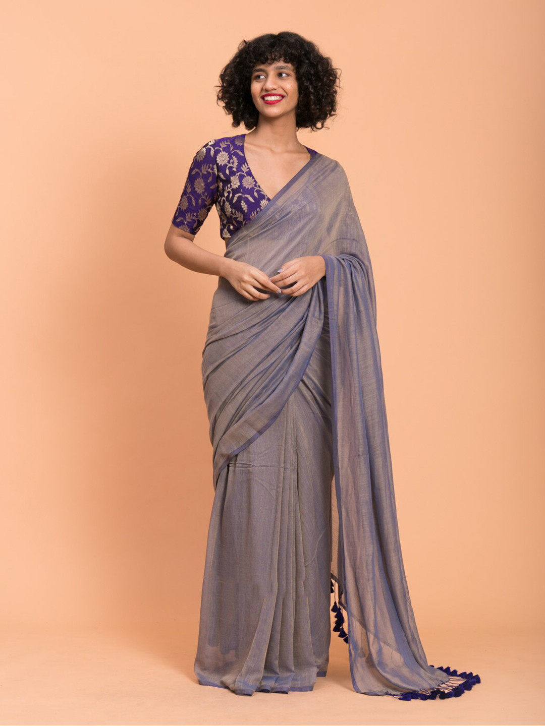 Suta Blue Solid Cotton Blend Sheer Saree