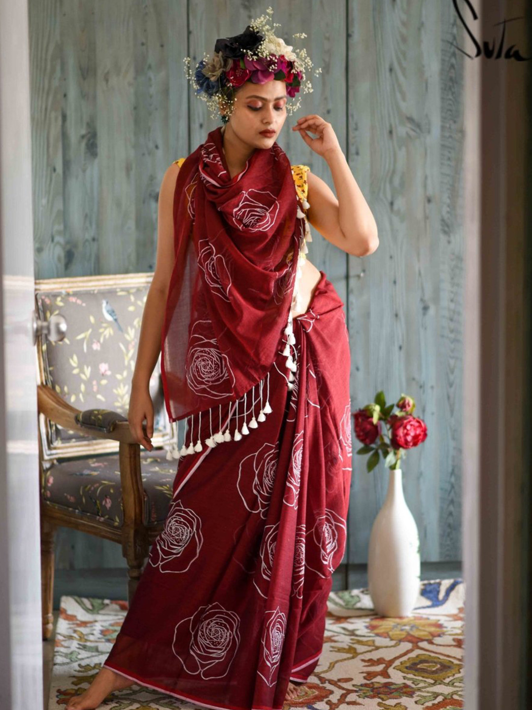 Suta Maroon & White Floral Printed Pure Cotton Saree