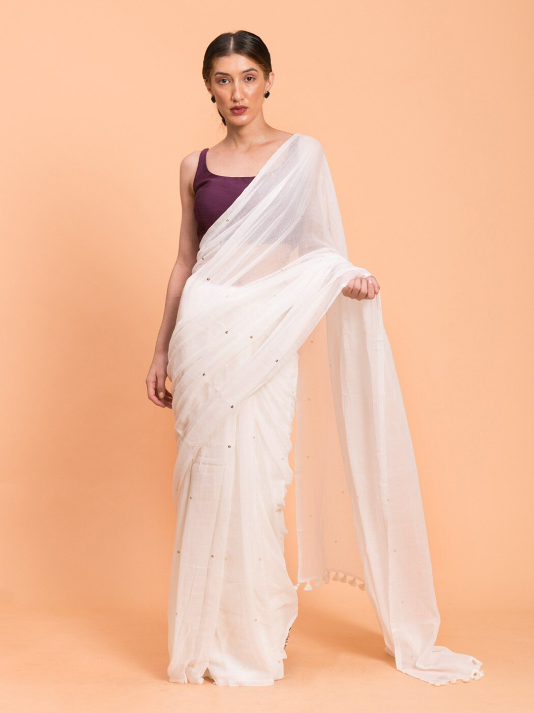 Suta White Embellished Sequins Pure Cotton Saree