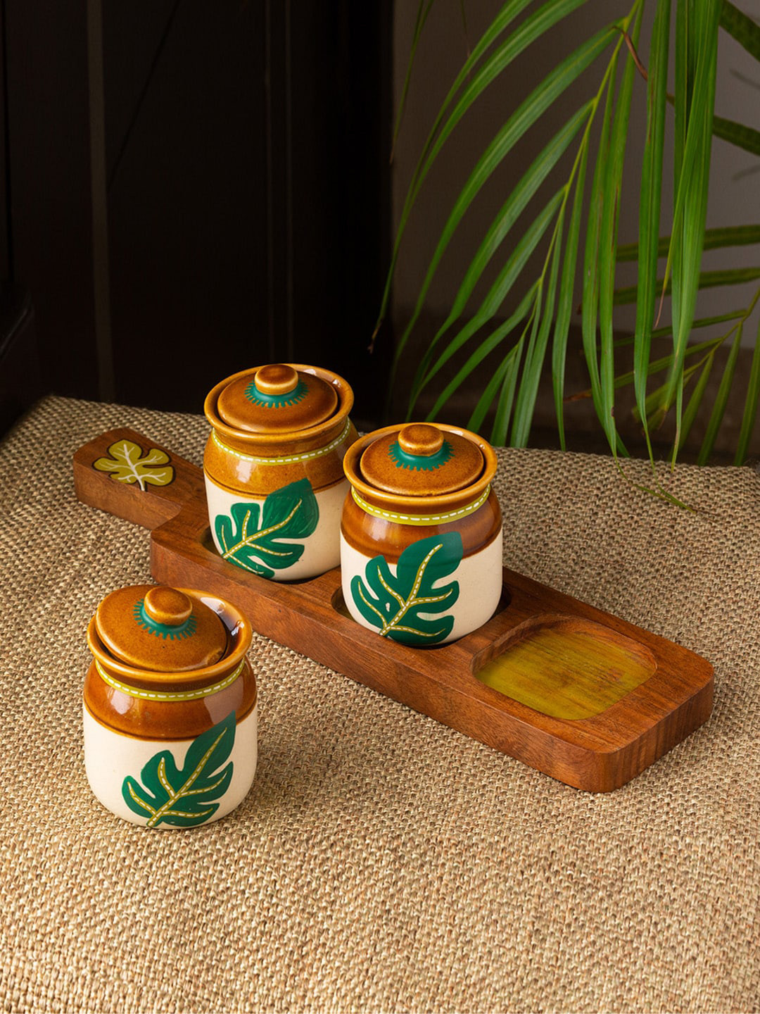 ExclusiveLane Set Of 3 Shades of a Leaf Ceramic Jars With Lid Wooden Holder 220 ml