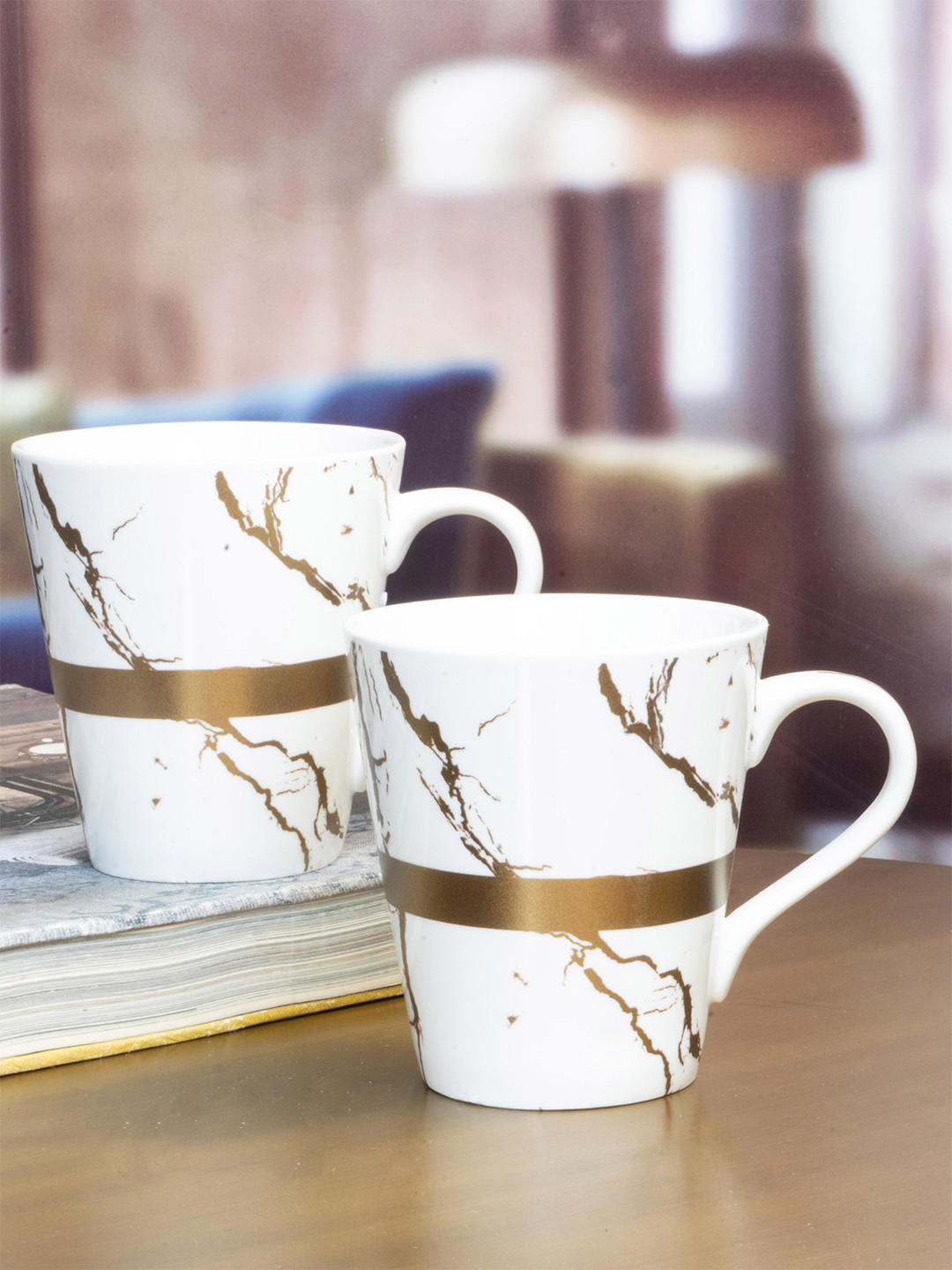 White Gold Set Of 2 White & Gold-Toned Printed Porcelain Glossy Mugs