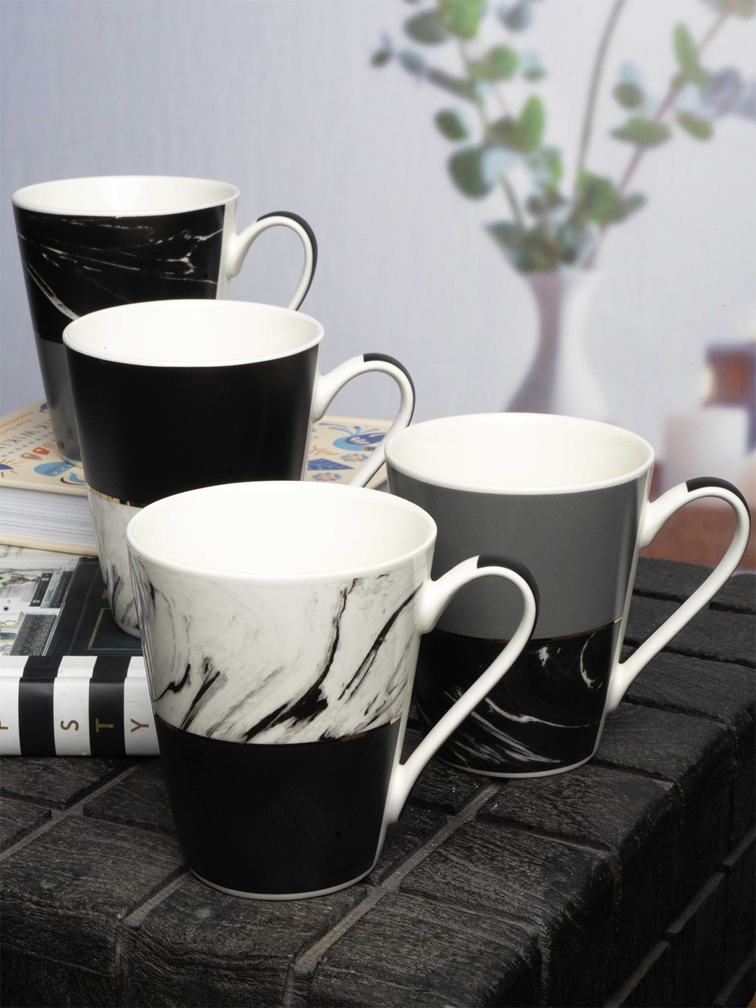 White Gold Black Abstract Porcelain Microwave Safe 4 Piece Mugs-320ml